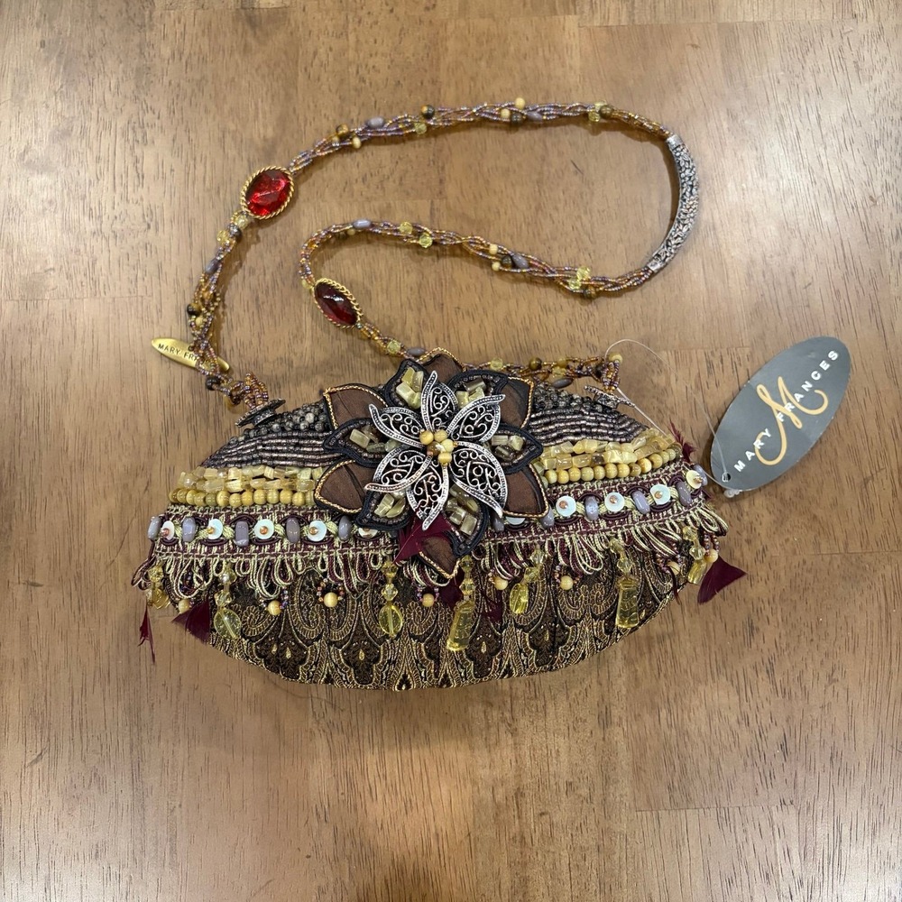 Vintage New Mary Frances Silk Brocade Beaded Floral Shoulder Bag Purse Boho-Chic